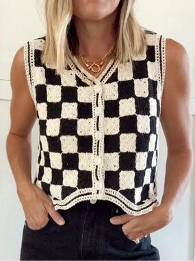 SHEIN Black & Cream Crochet Knit Checkerboard Vest